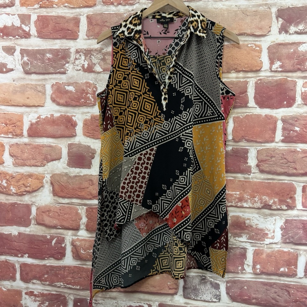 Melissa Paige Top Womens M Multicolor Boho Patchwork Abstract Animal Print Shirt - Picture 3 of 8